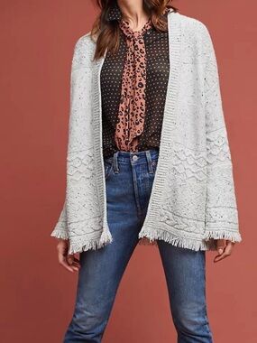 Michael Stars Heather Gray Cable Knit Cardigan with Fringe Trim